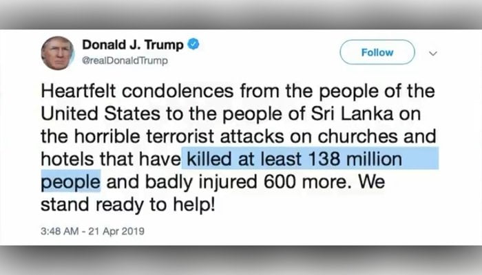 Trump a déclaré par erreur 138 millions de personnes mortes dans son tweet sur les explosions de Pâques au Sri Lanka