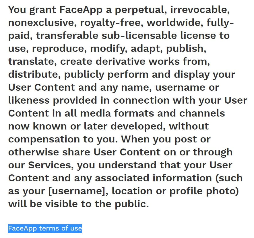 FaceApp terms of use
