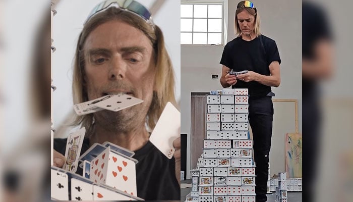 Screenshots from a video capture of card-stacking artist and architect Bryan Berg as he builds the tallest house of cards. — Screengrab/Instagram/@guinnessworldrecords