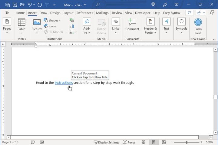 Text linked to a heading in the Word document.