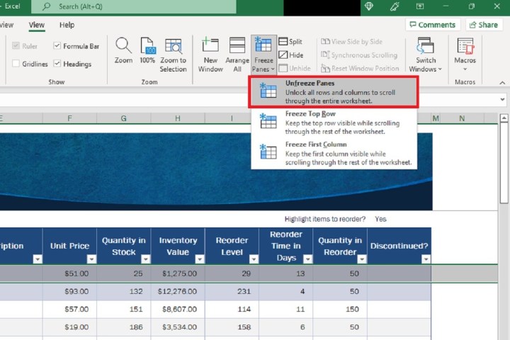 Screenshot showing the option to unfreeze panes in Excel.