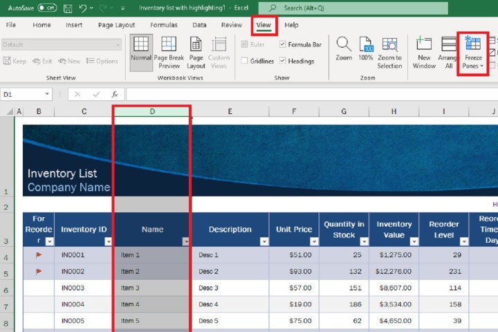 Screenshot illustrating column selection and access to the View tab in Excel.