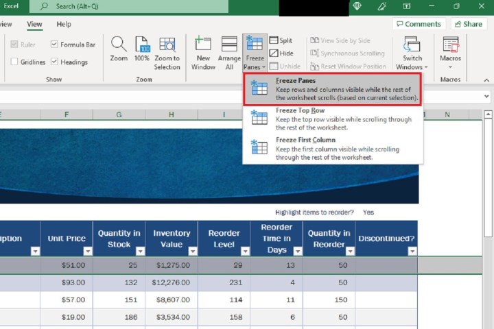 Screenshot of the Excel Freeze Panes drop-down menu.