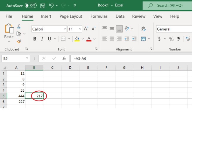 The final result obtained using cell references for subtraction in Excel.