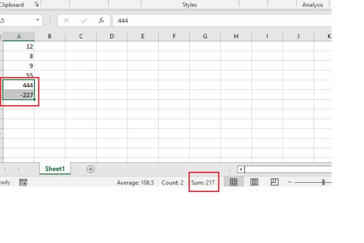 Utilizing the status bar in Excel for subtraction.