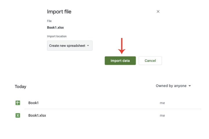 The Import Data button on Google Sheets.