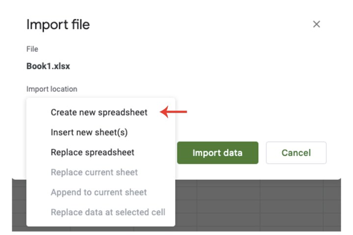 Choosing an import location for an Excel file on Google Sheets.