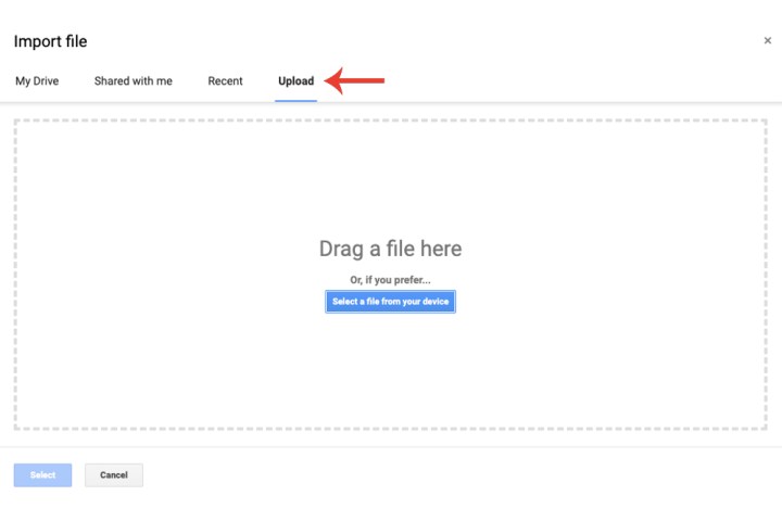 The Upload button within the Import feature on Google Sheets.