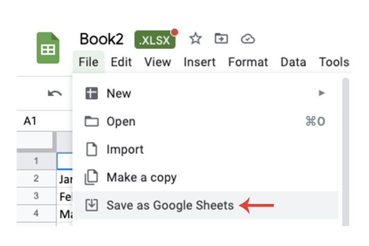 The Save with Google Sheets option on Google Sheets for an Excel file.