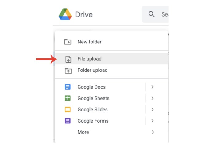 The File upload button on Google Drive.