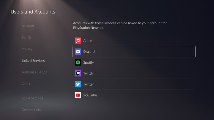 Screen interface for linking the Discord app on PS5