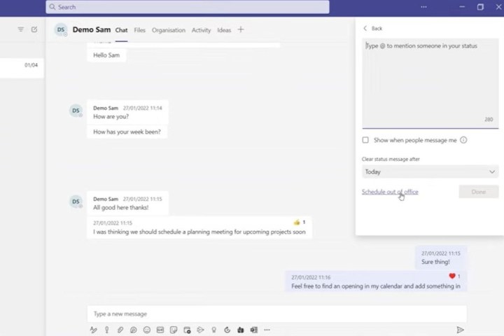 Out of office reminder on Microsoft Teams.