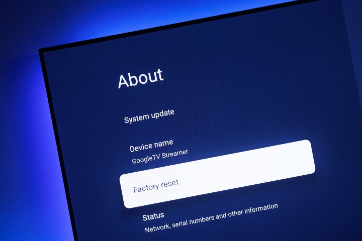 The factory reset screen on Google TV Streamer.