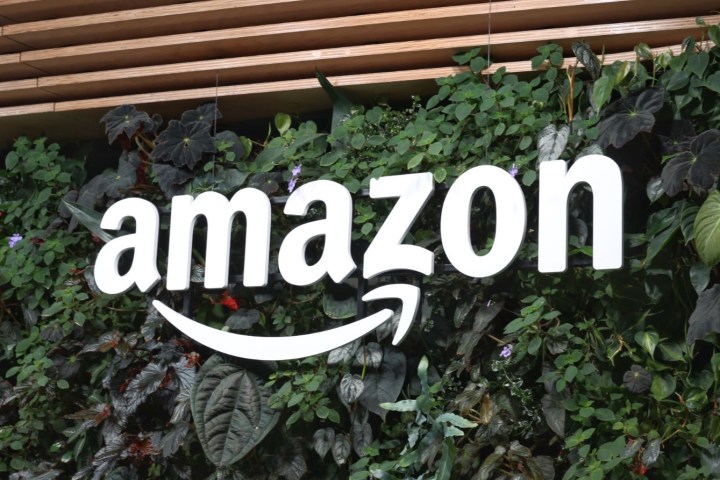 An Amazon logo displayed on the side of a building.