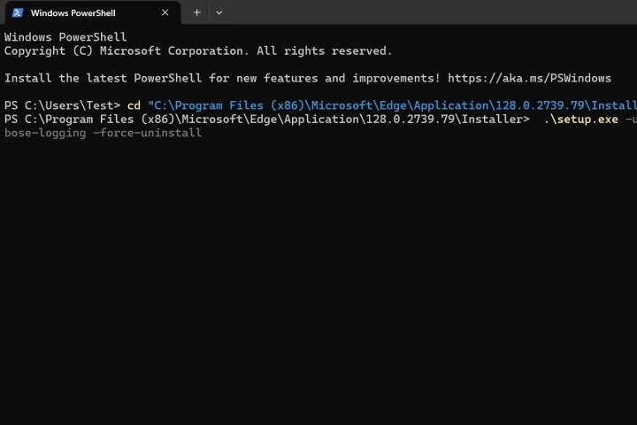 PowerShell command method to uninstall Microsoft Edge.