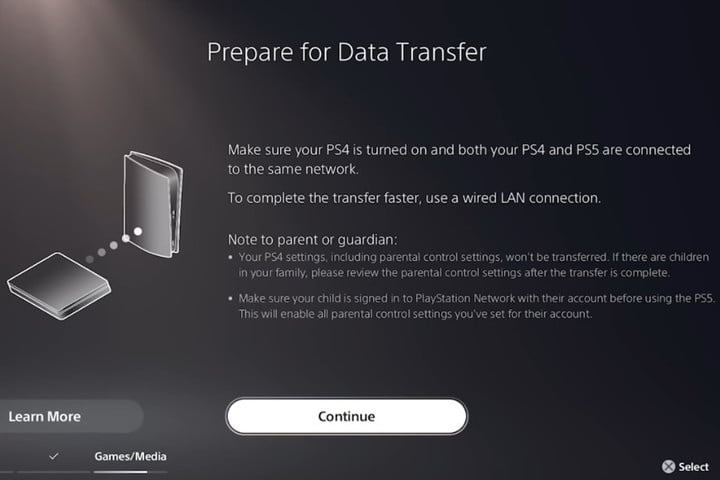 Prepare for data transfer screen on PlayStation 5.