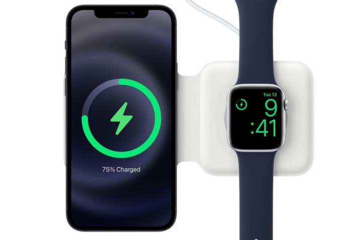 Apple MagSafe Duo wireless charger with iPhone and Apple Watch.