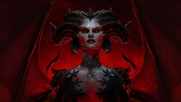 Lilith gazing directly at the viewer in Diablo 4, adorned with massive horns and red wings behind her.