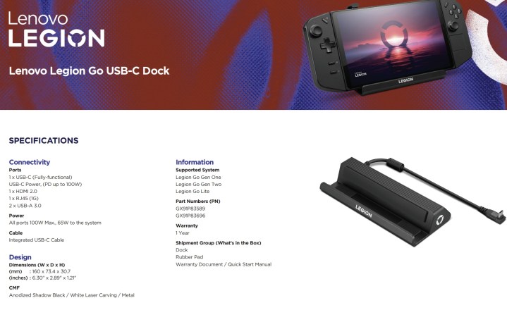 Product documentation for the Lenovo Legion Go USB-C dock.