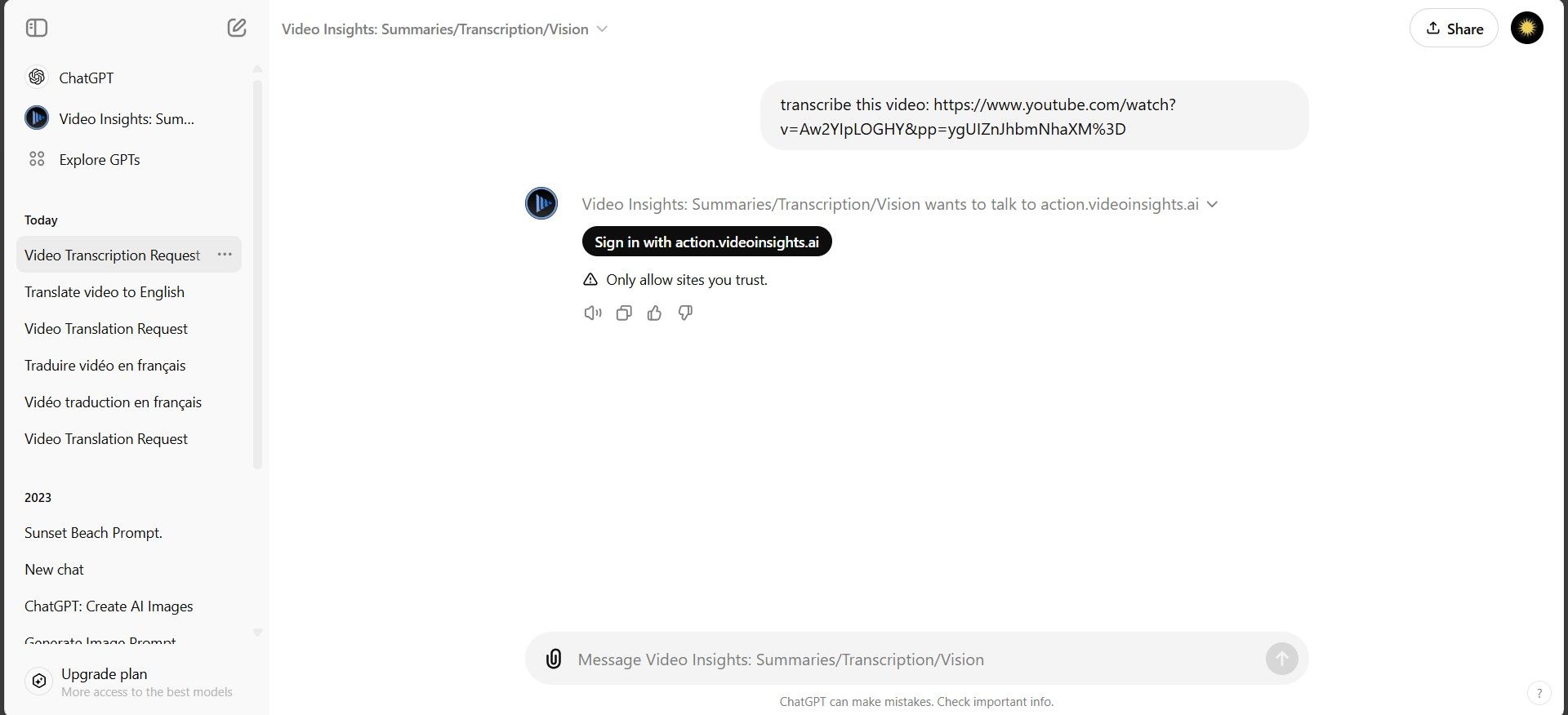 Screenshot showing Video Insights on ChatGPT
