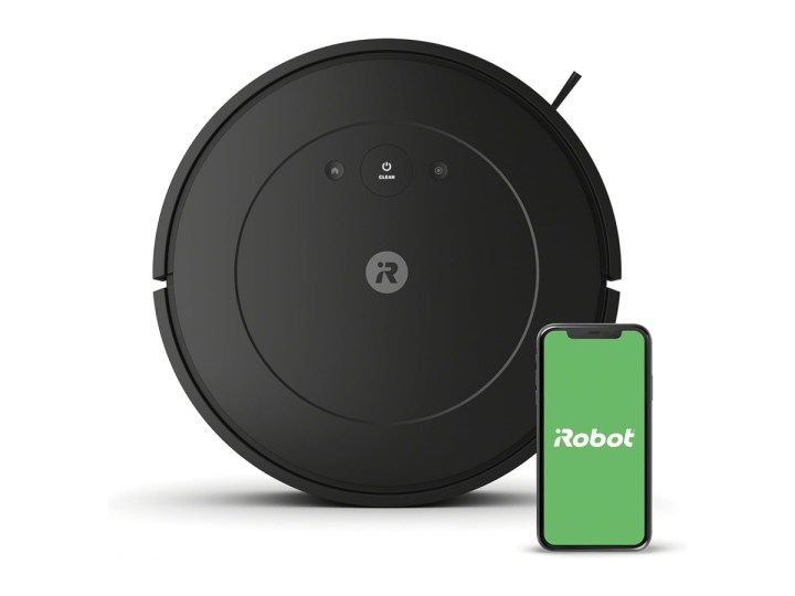 iRobot Roomba Essential next to a smartphone on a white background.