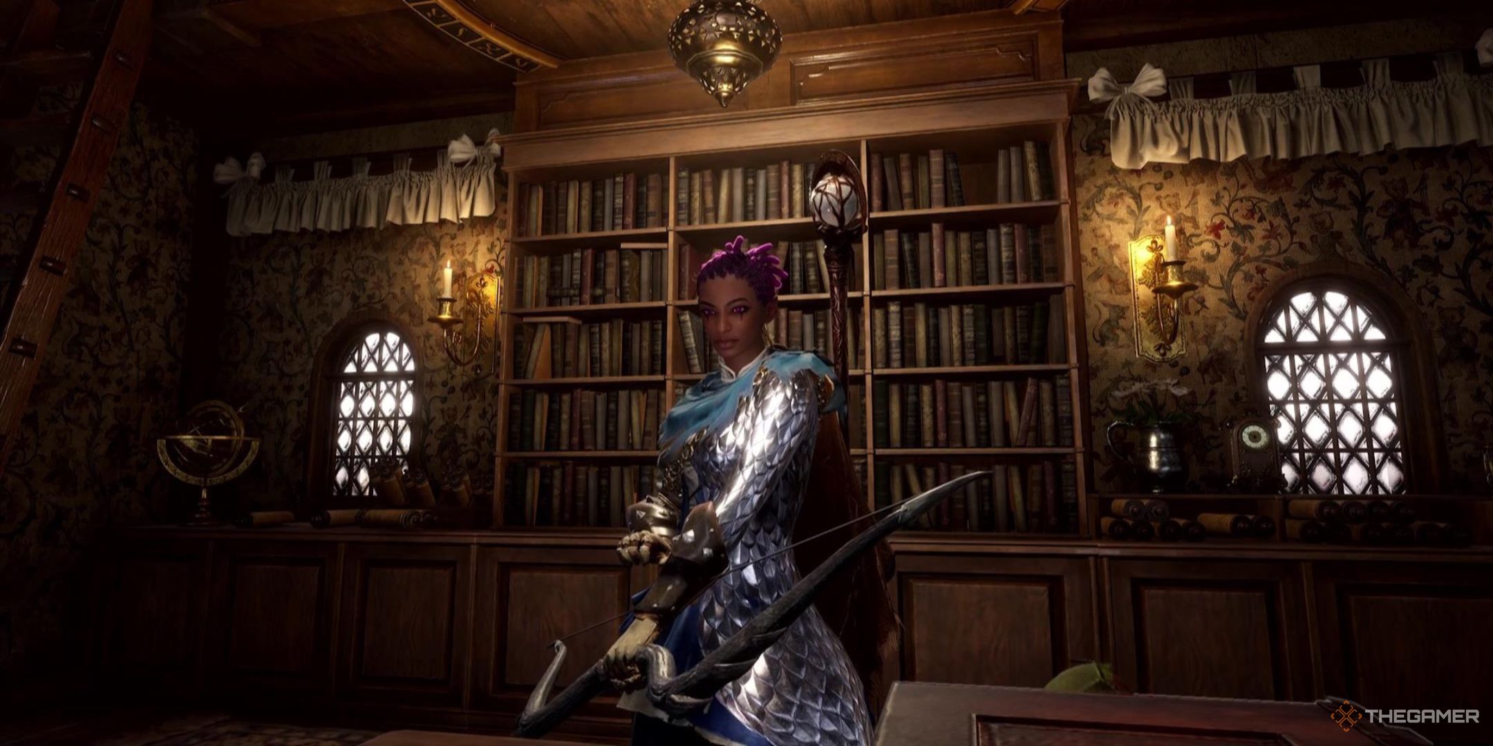 A character stands in front of a bookcase in the Amitoi House, holding a Longbow in Throne and Liberty.