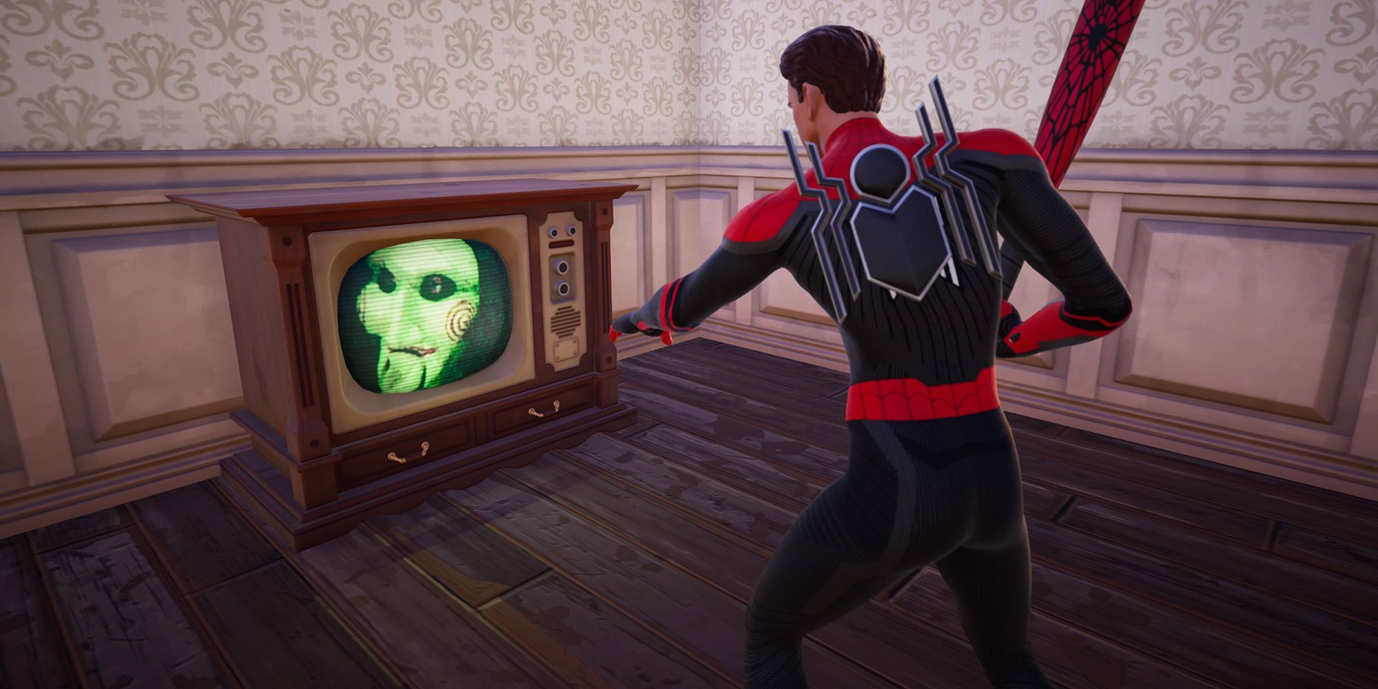 Spider-Man watching Billy the Puppet appear on a retro TV set