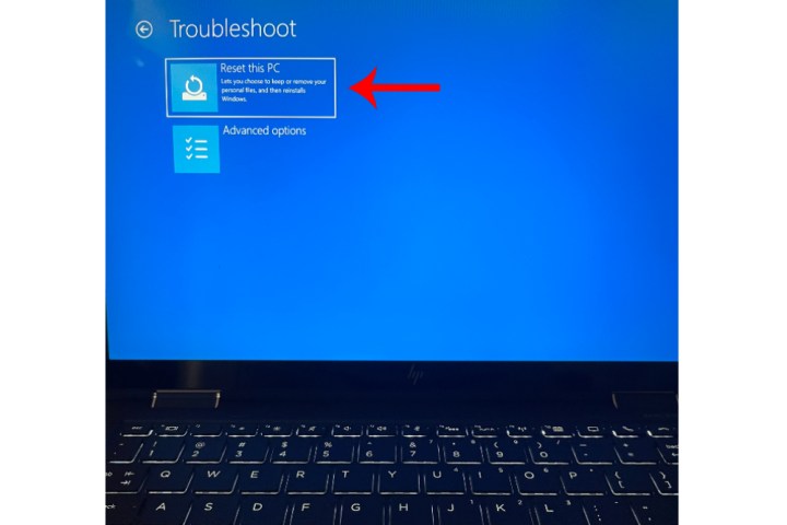 Reset This PC option within Troubleshooting for a Windows 10 laptop.