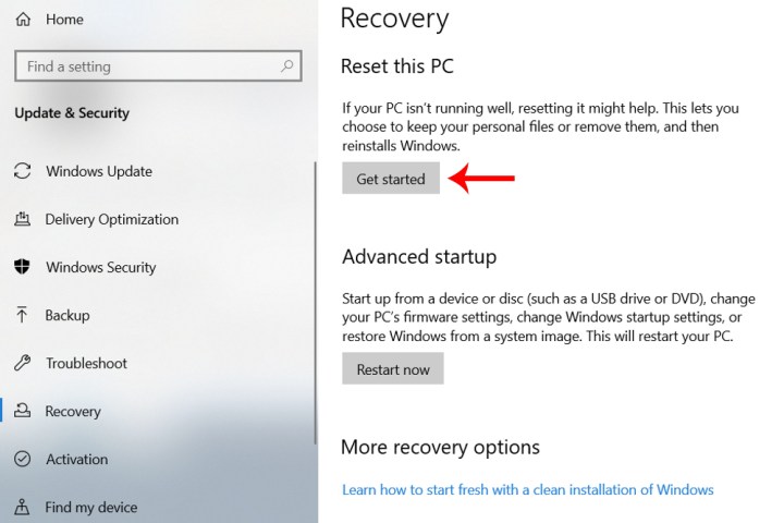 Reset This PC and Get Started buttons in Windows 10.