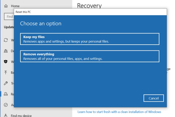 Different reset options in Windows 10.