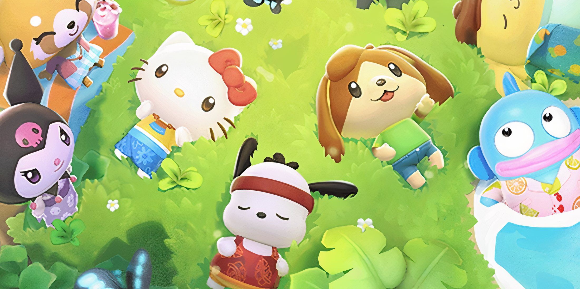 Characters from Hello Kitty Island Adventure lying in the grass and looking up