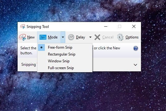 Windows Snipping Tool screenshot showing snipping options.