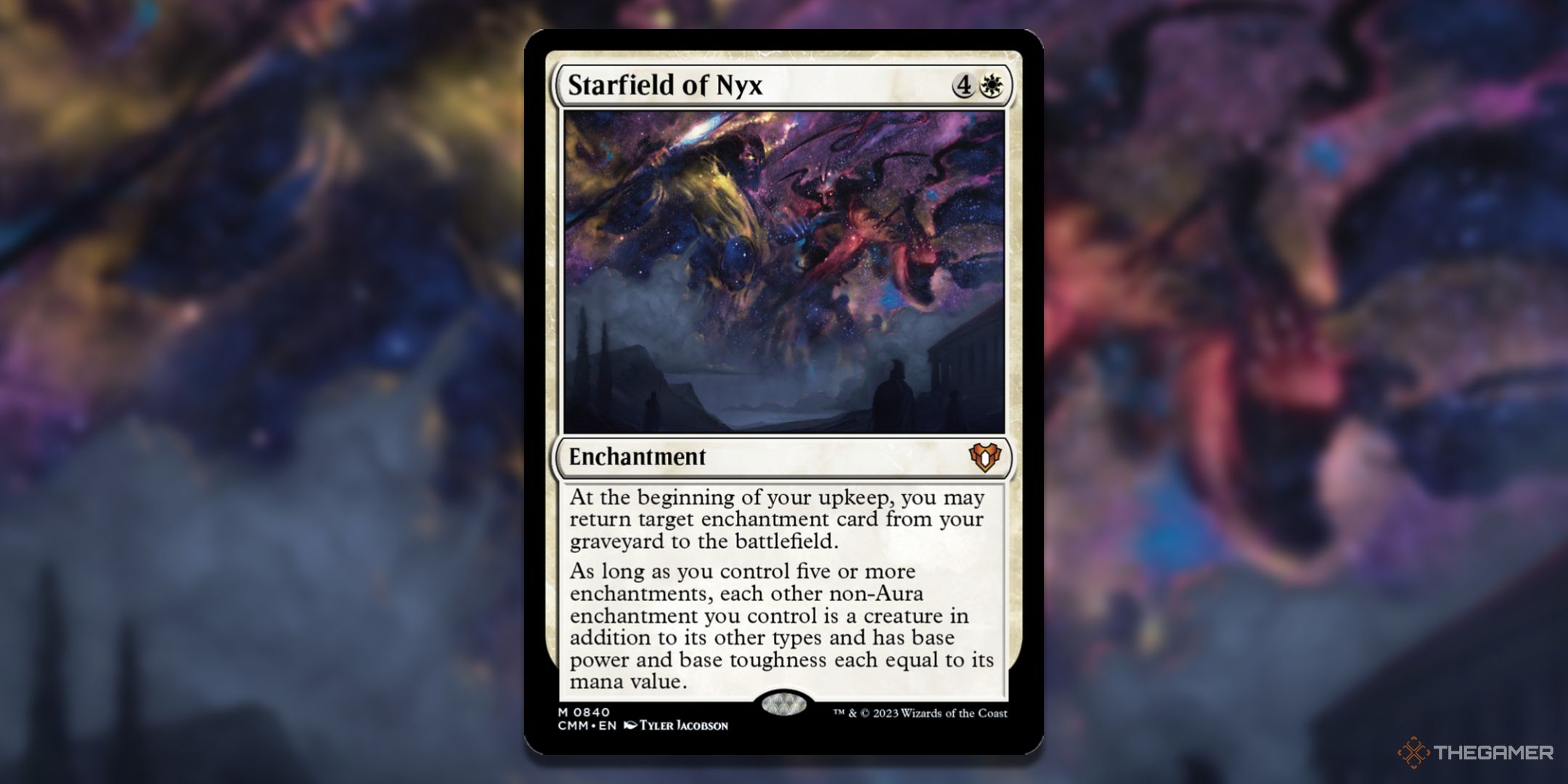 MTG Starfield of Nyx card with the art in the background.