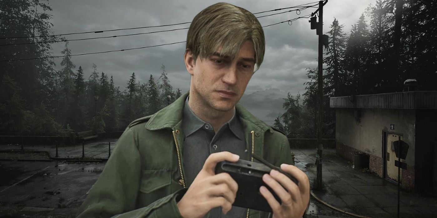 James with a wistful expression gazing at his radio against the backdrop of Silent Hill.