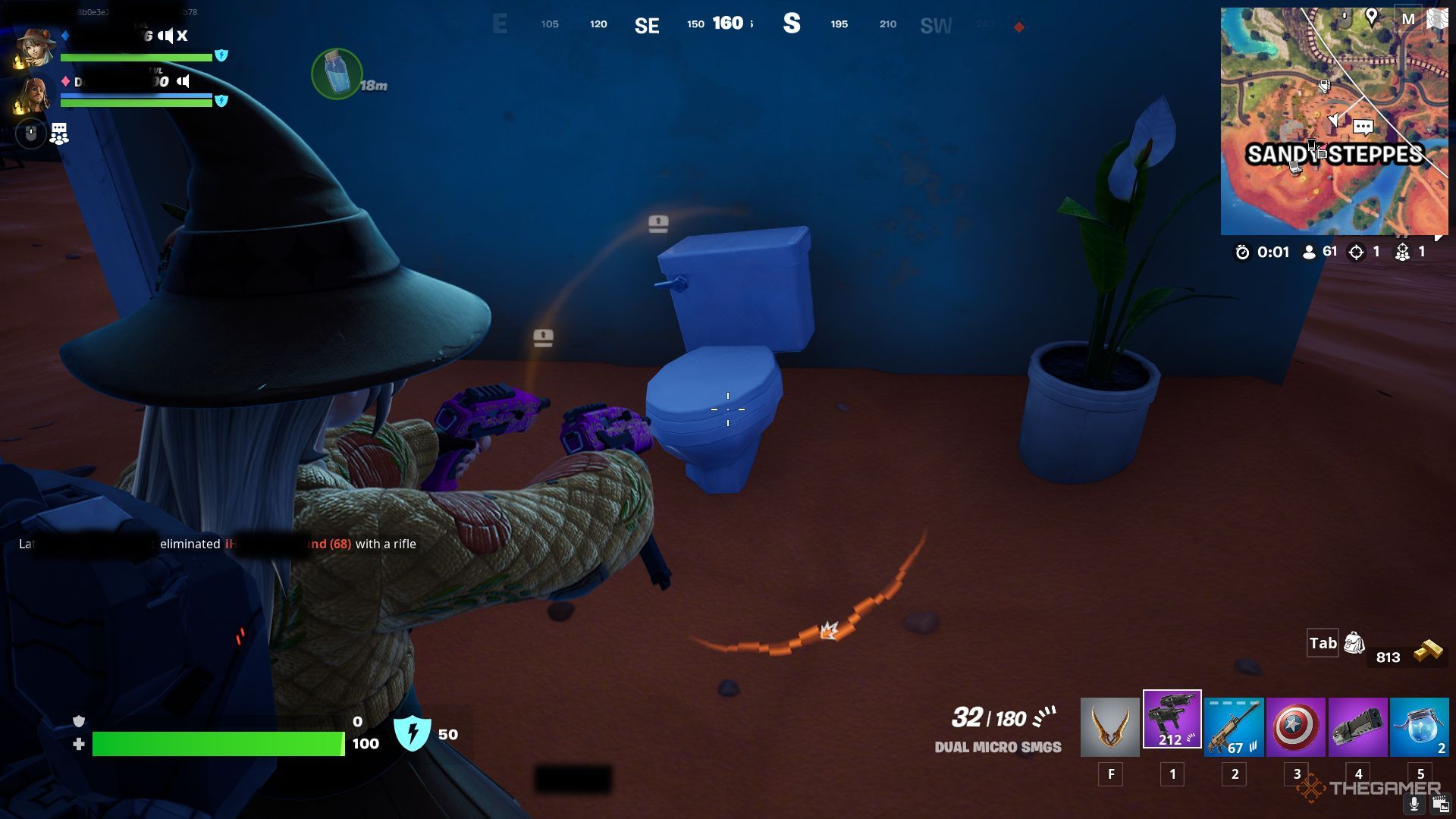 A character aiming at a toilet in Fortnite.