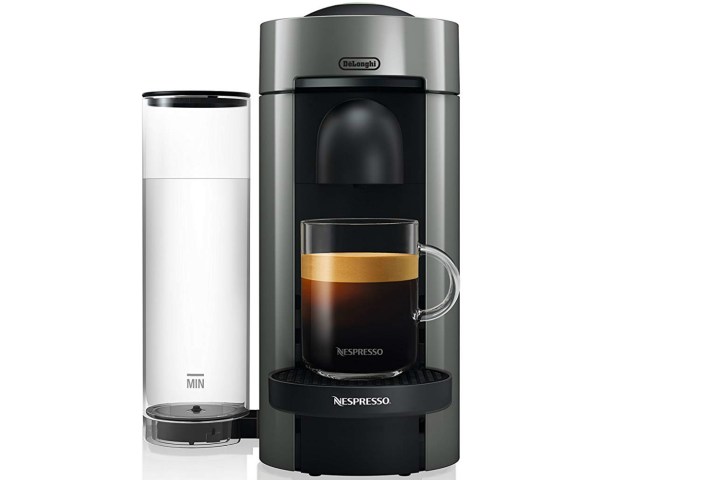 Nespresso Vertuo Plus Coffee and Espresso maker with an accompanying milk frother.