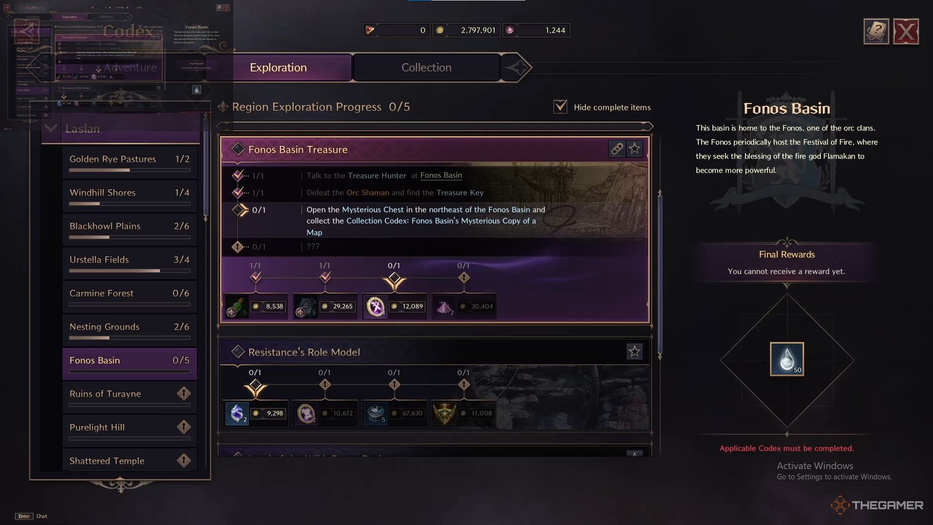 The exploration codex menu showcasing the rewards for the Fonos Basin Treasure quest in Throne and Liberty.