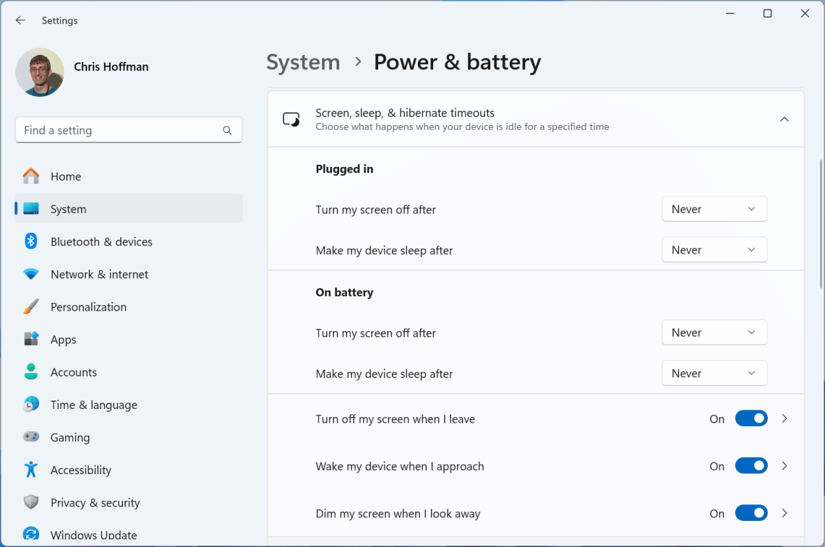 Windows 11 setting for Presence Sensing features screenshot