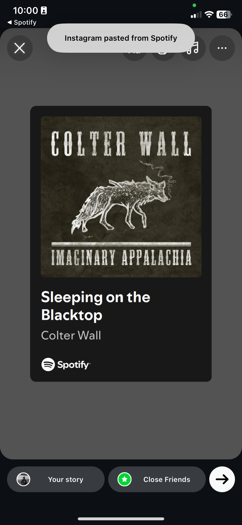 A song shared from Spotify to Instagram Story