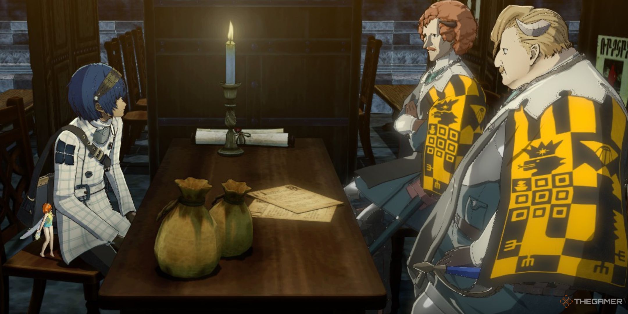 The protagonist is taking a recruitment test and two military officers are on the opposite side of the table.