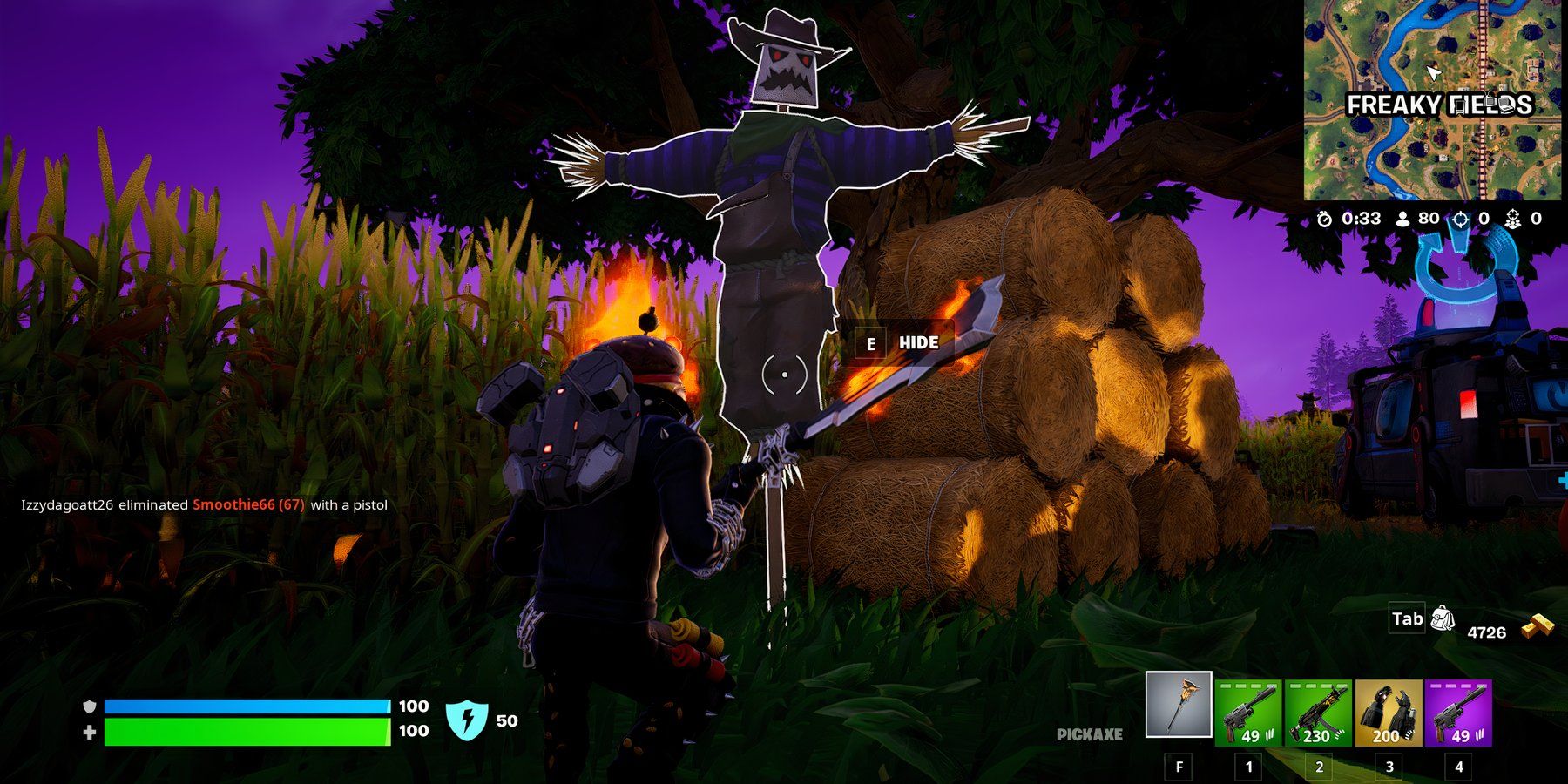 Players follow the on-screen prompt to press the default use button to hide in a Scarecrow in Fortnite.