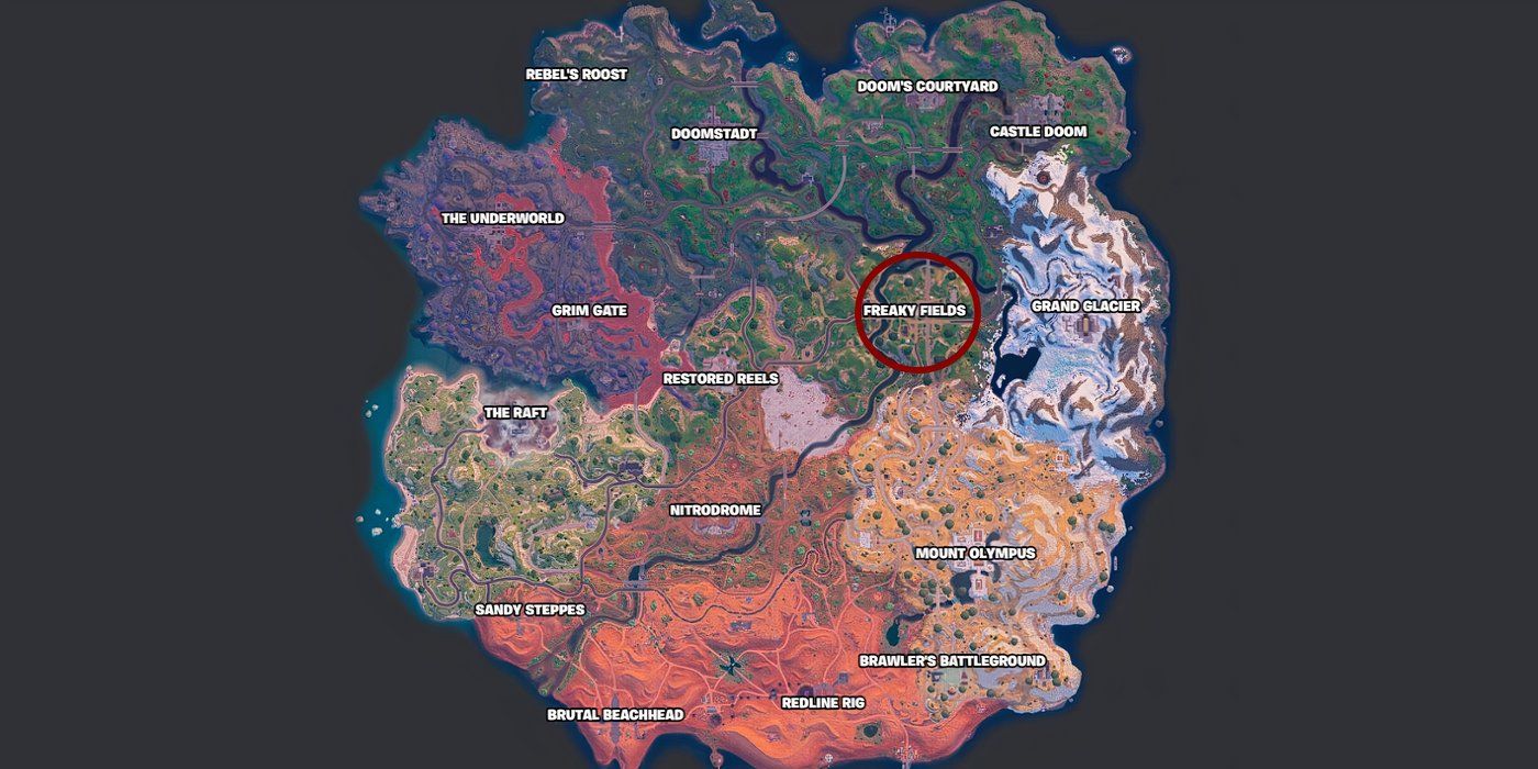 The map for Fortnite Chapter 4 Season 5 shows the new Fortnitemares location called Freaky Fields.