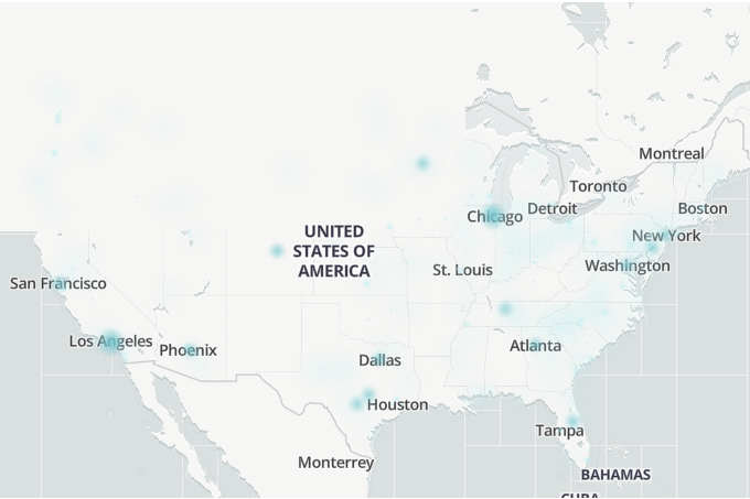 Downdetector.com outage map revealing areas with Hulu issues.