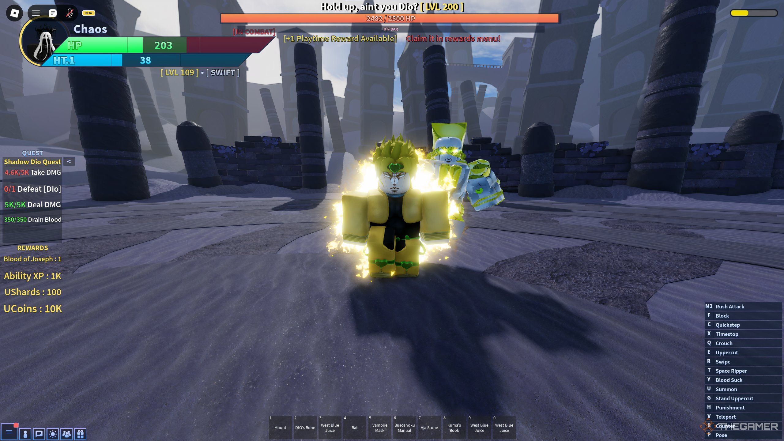 The DIO boss, approaching slowly with The World in Roblox: A Universal Time.