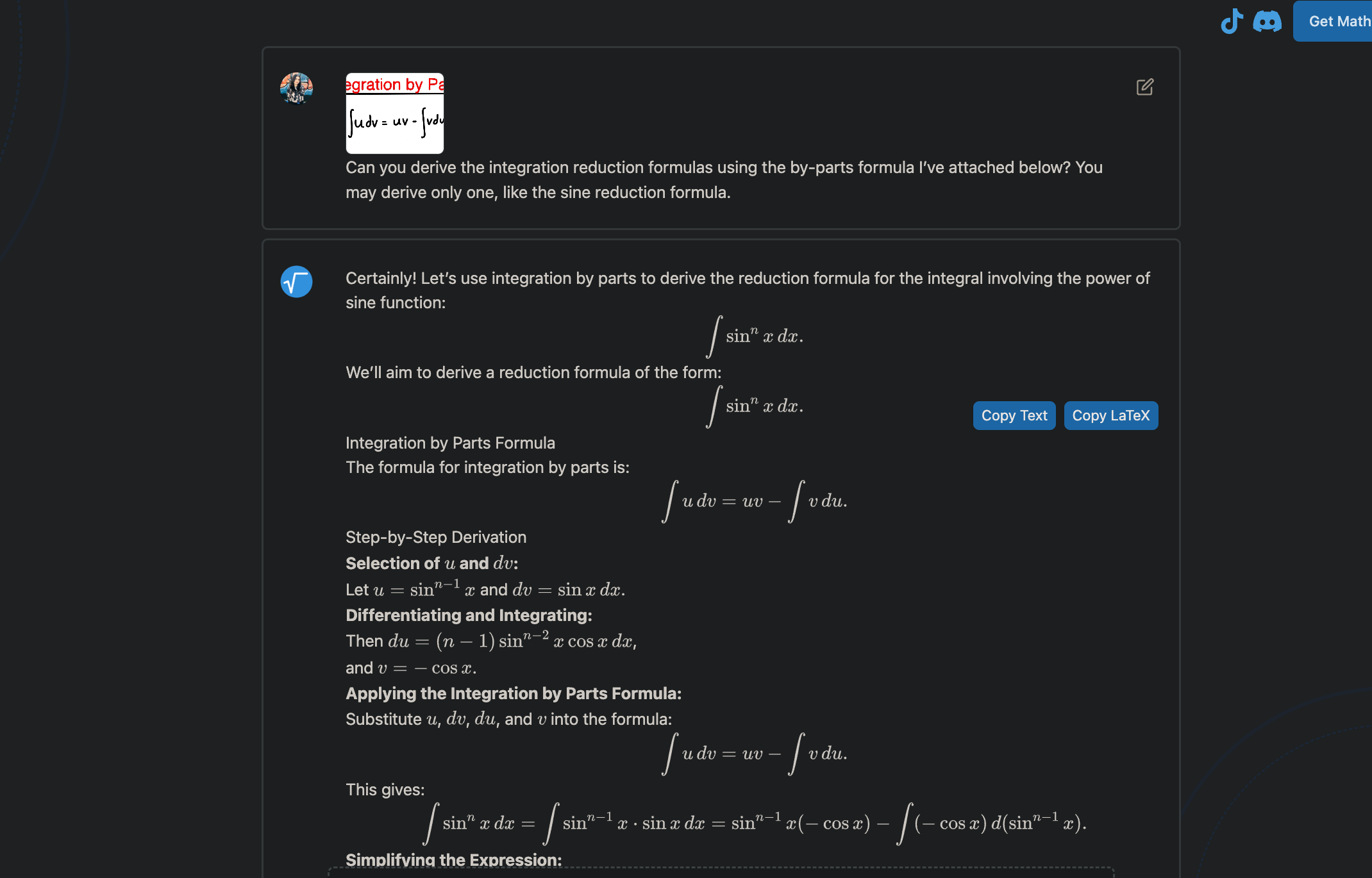 MathGPT deriving integration reduction formula