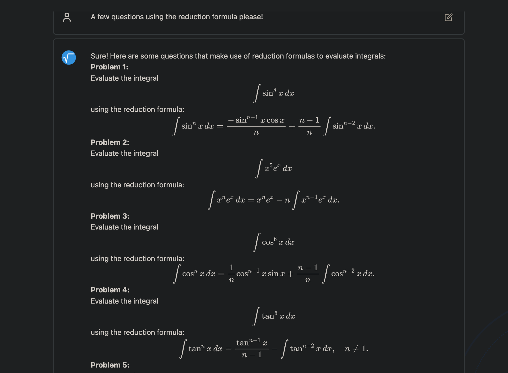 MathGPT creating integration questions that use the reduction formula