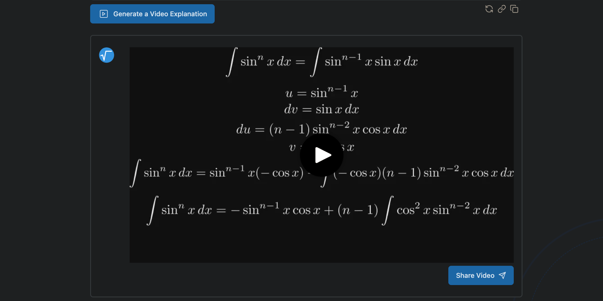 MathGPT generating video explaination for integration reduction formula derivation