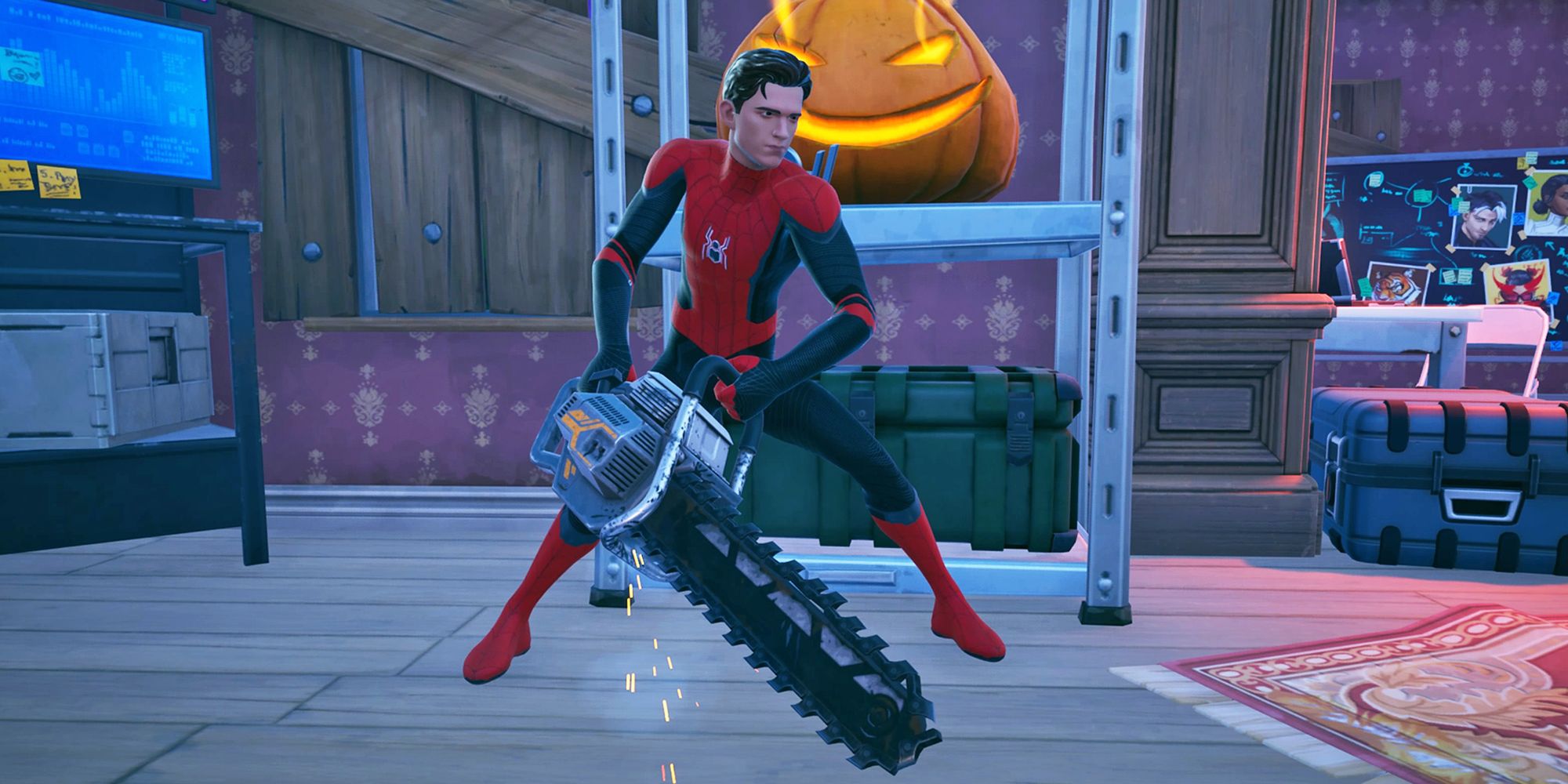 Spider-Man revving the Chainsaw weapon in Fortnite