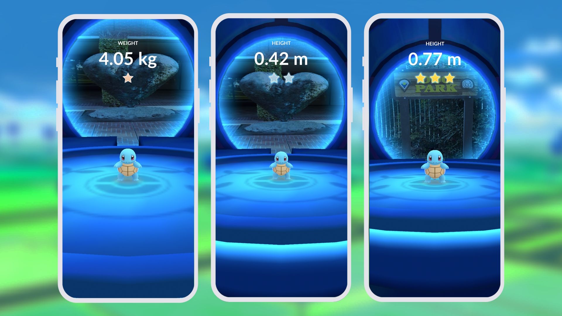 Multiple phone screens showcasing a Squirtle in a Pokemon Showcase.