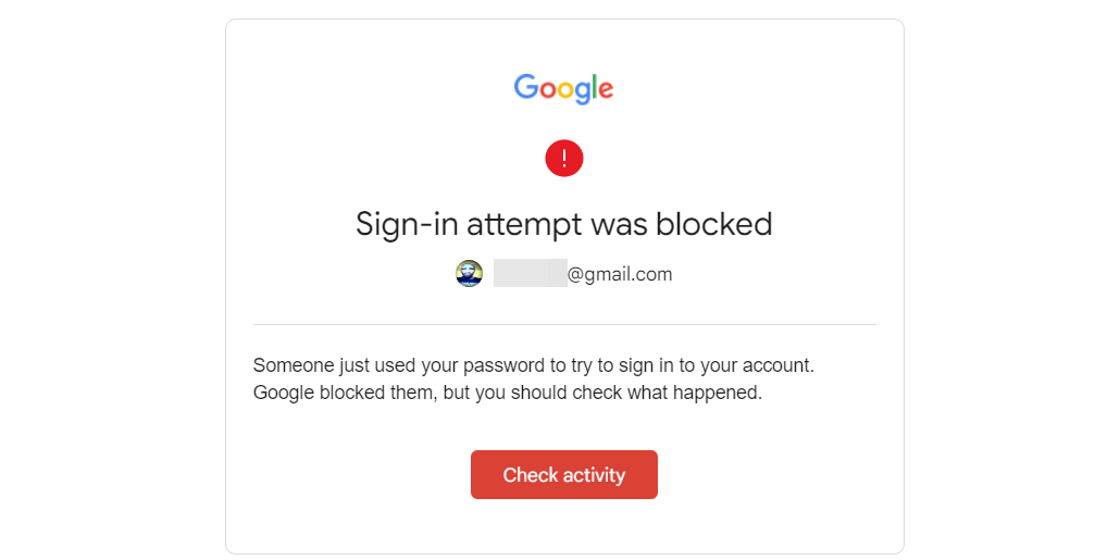 A security alert from Google indicating a blocked access attempt.